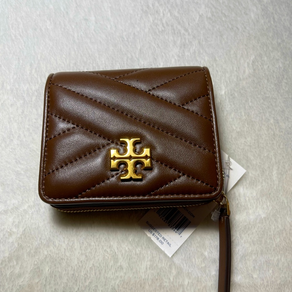 Tory Burch | Fudge & Rolled Brass Kira Chevron Quilt Leather Bi-Fold Wallet